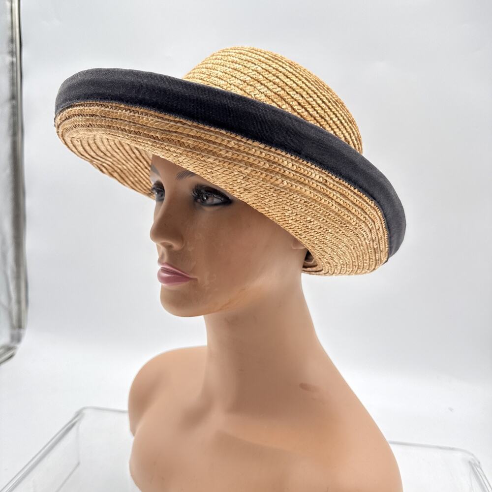 Vintage Hatattack Women Straw Woven Striped Ribbon Accent On Wide Brim Brown
